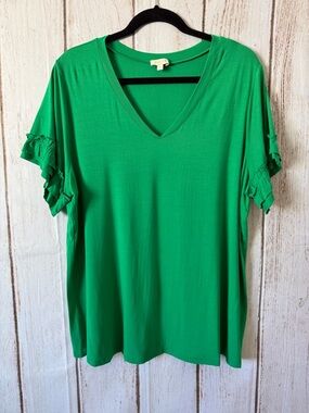 Laura Plus Green V-Neck Ruffle Sleeve Top Size 1X